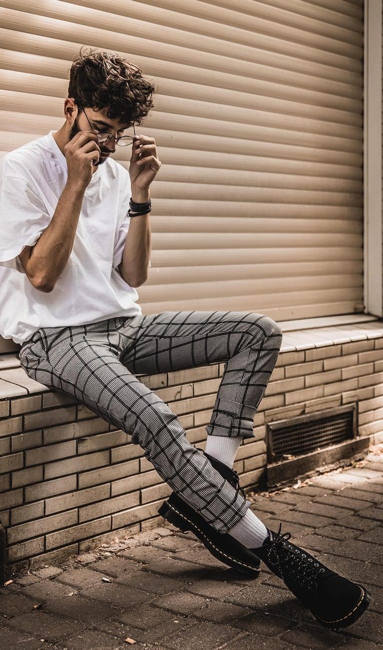 Subtle look with Grey Plaids and White T-shirt