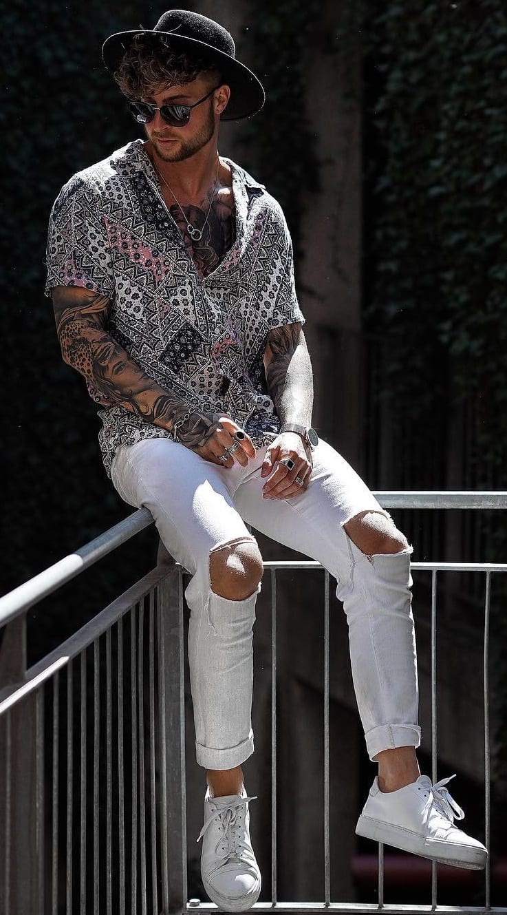 White Ripped Denim Black Printed Shirt and White Sneakers