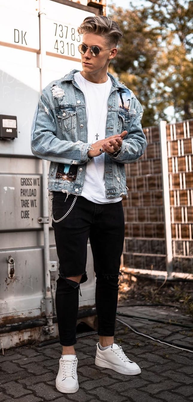 White T-shirt Denim jacket and Black ripped denim with White Sneakers