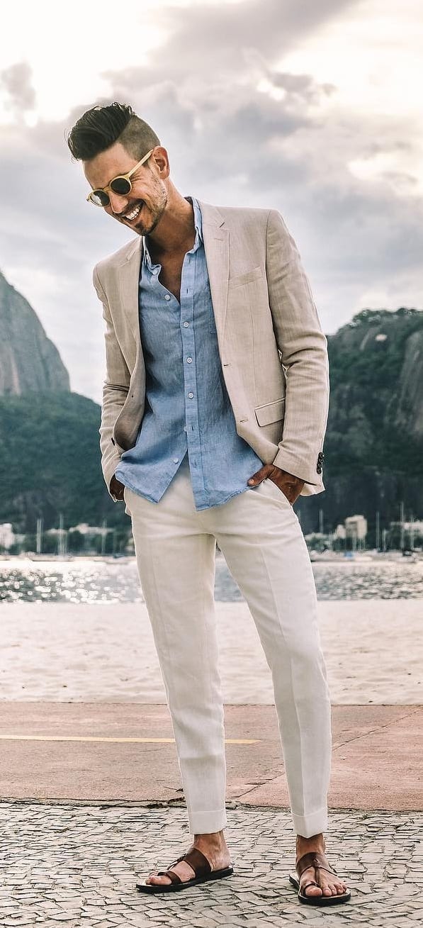 White chinos blue shirt and linen jacket