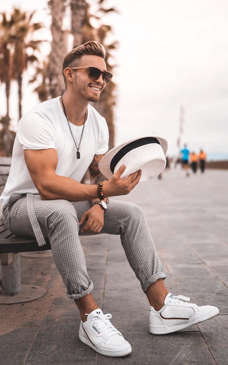 White t-shirt,Grey Cropped Trousers,Fedora for Yacht Party