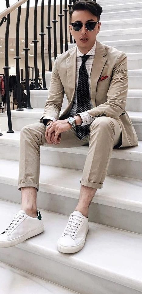 Beige suit with white sneakers for stylish men