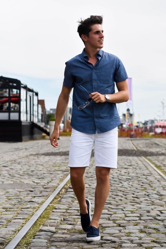 Blue shirt and white shorts for men