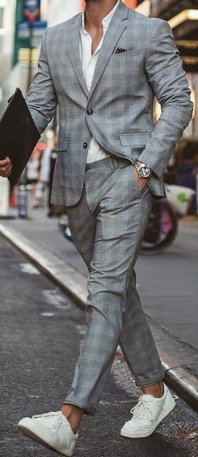 Grey plaid suit with white sneakers