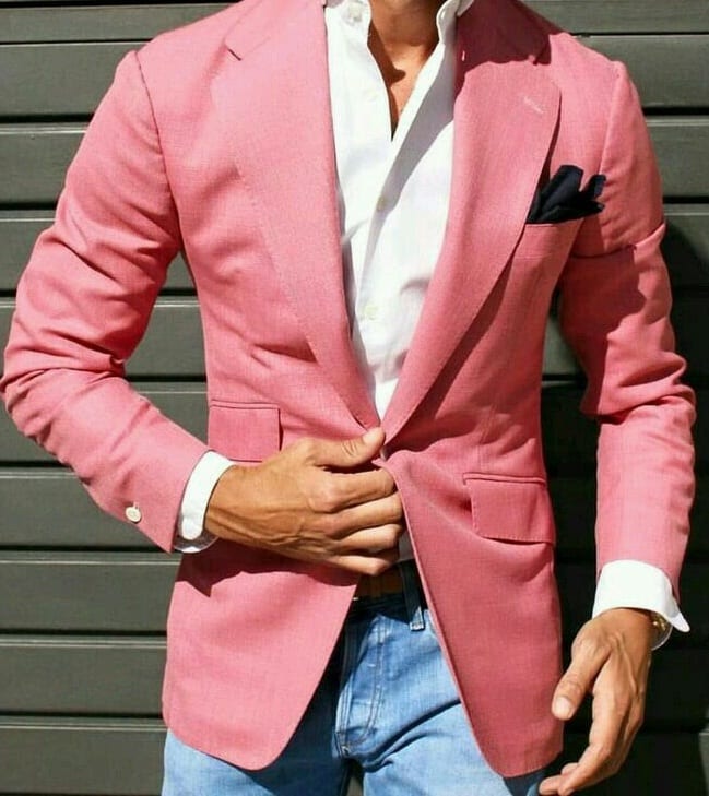 pink jacket white shirt blue denim