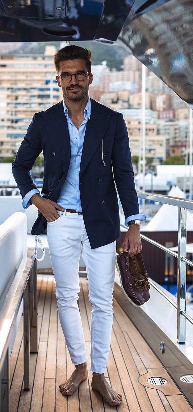 white pant blue linen and jacket