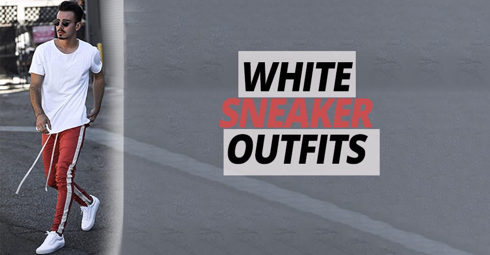 Red joggers,white t-shirt,white sneaker ideas for men