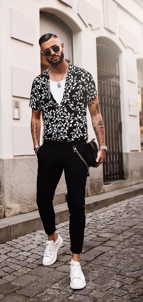 White Undershirt, Black Floral shirt and Black Jeans