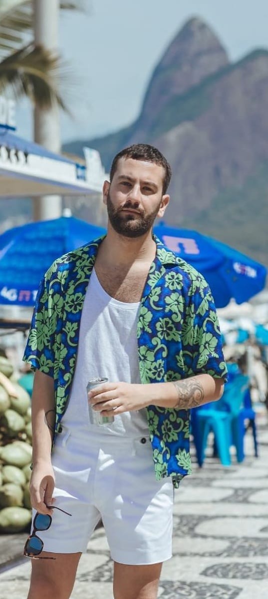 White Undershirt, Blue Green Floral Shirt and White Shorts