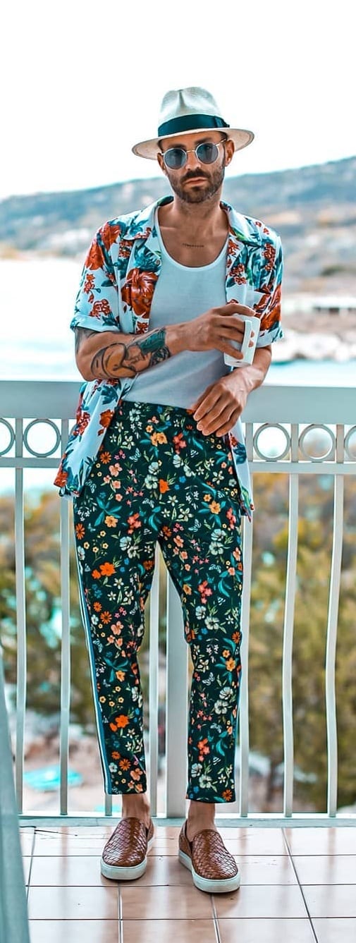 White Undershirt, Floral Shirt and Floral Pants