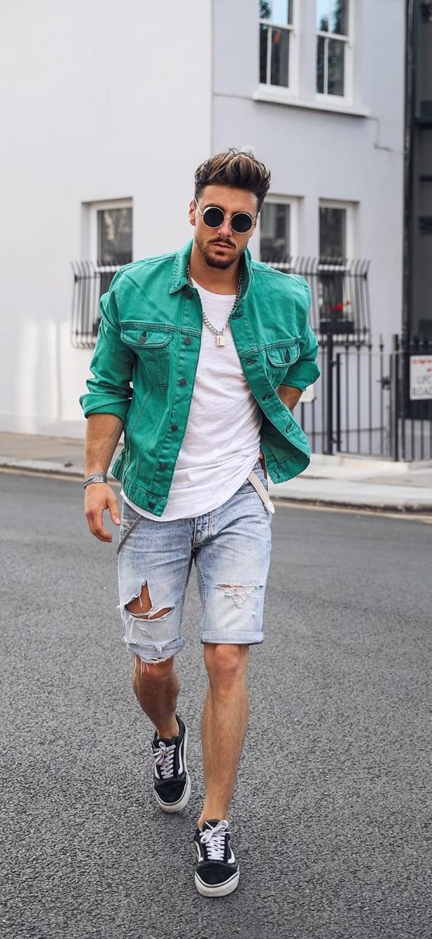 White Undershirt, Green Jacket and Denim Shorts