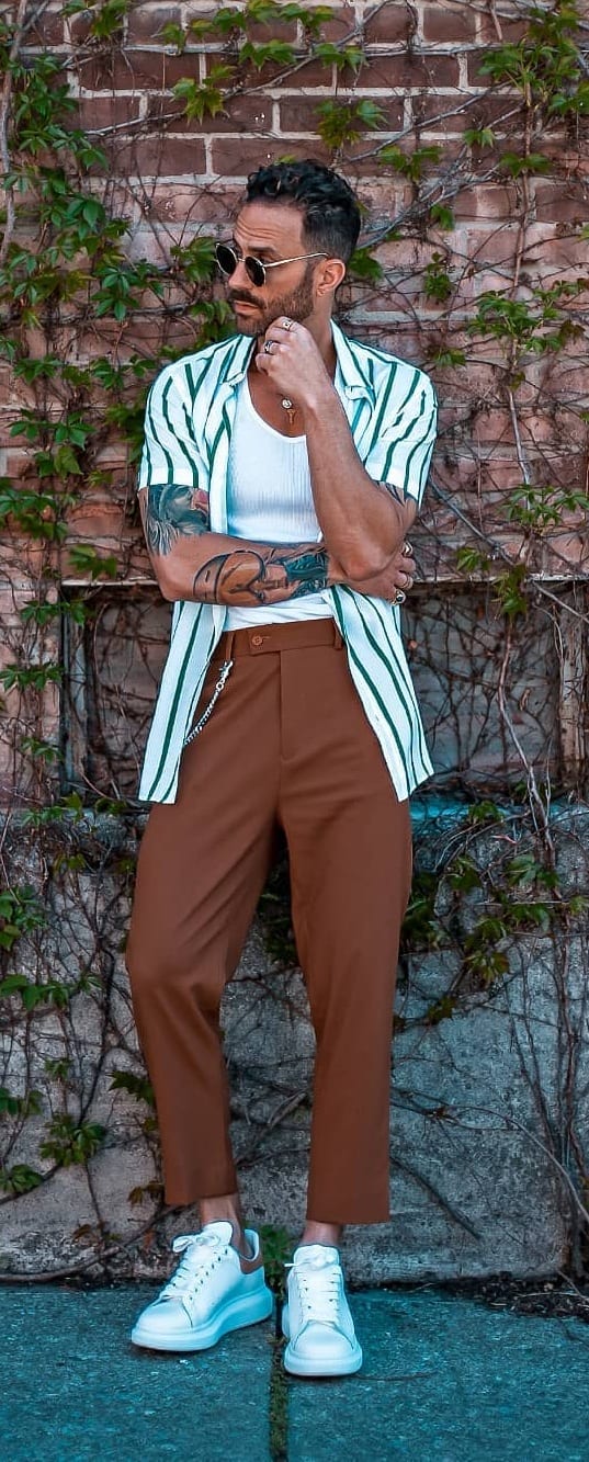 White Undershirt, Green Stripe Shirt and Brown Chinos