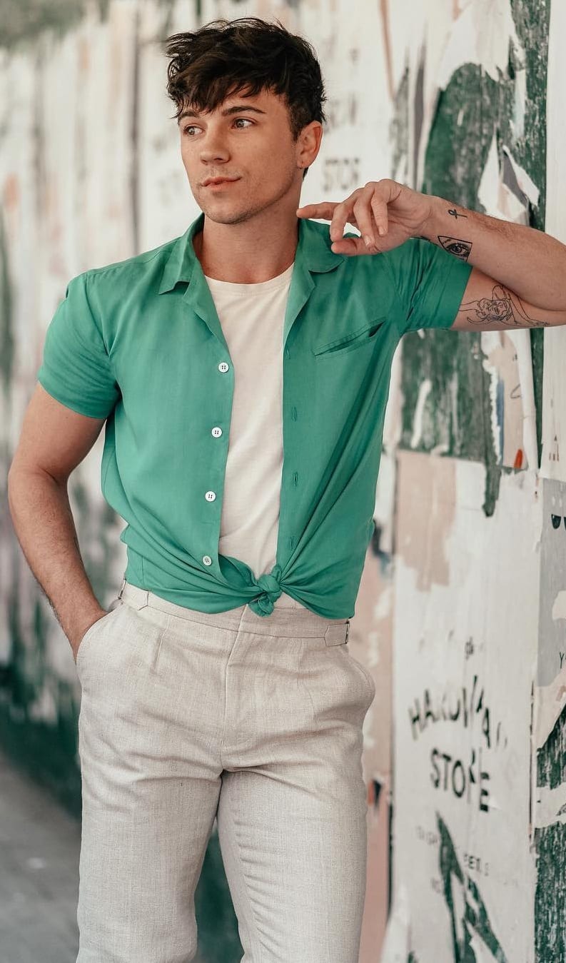 White Undershirt, Mint Green Shirt and Off-white Trousers