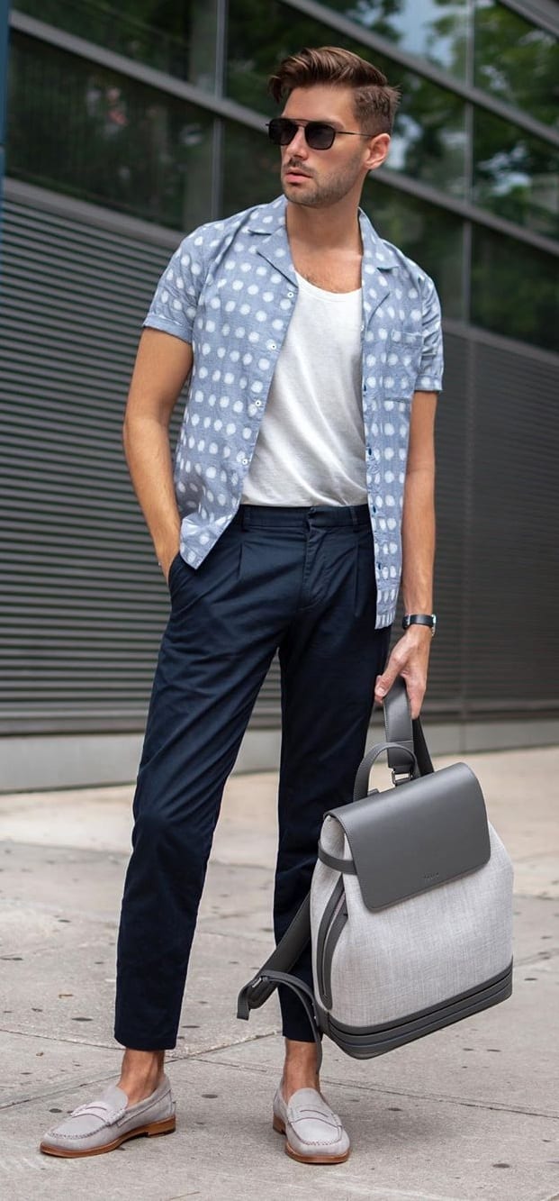 White Undershirt, Pastel Blue Shirt and Blue Trousers