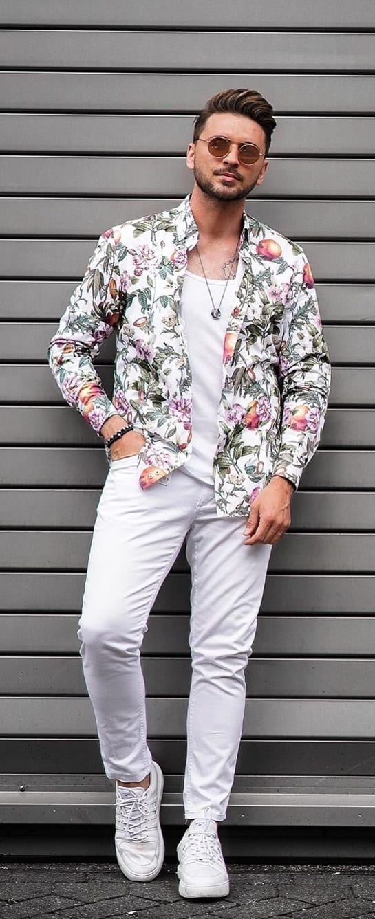 White Undershirt. floral Shirt and White Jeans