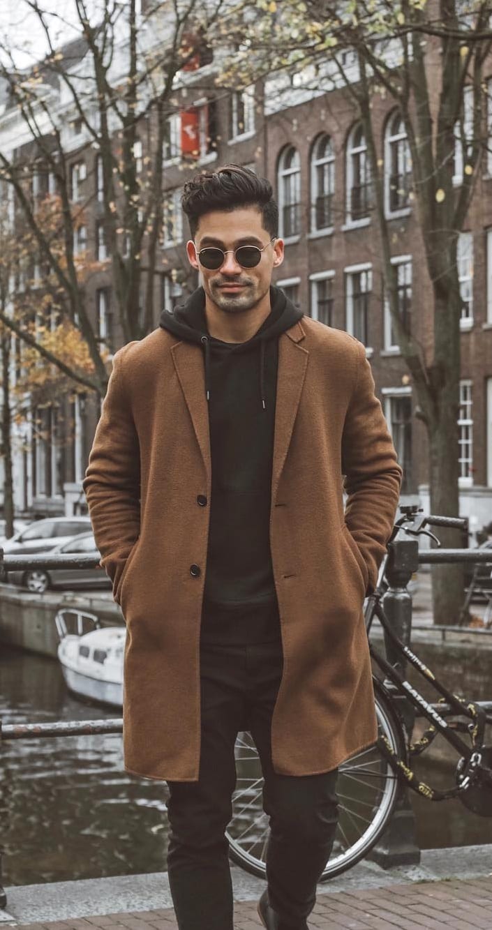 Black Hoodie, Brown Overcoat and Black Jeans- Street Style Outfit
