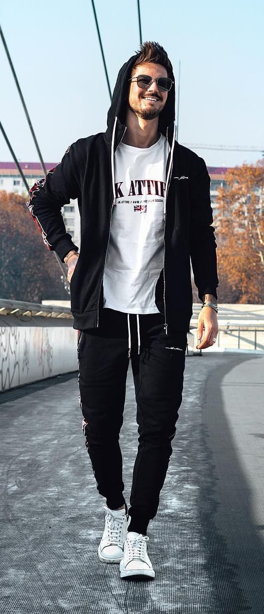 Black Hoodie, Track pants, and T-shirt- Street Style Outfit