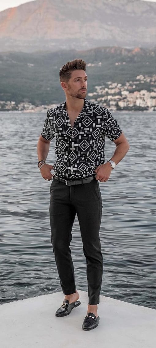Printed Black Shirt, Black Pants, and Loafers OOTD Outfit for men