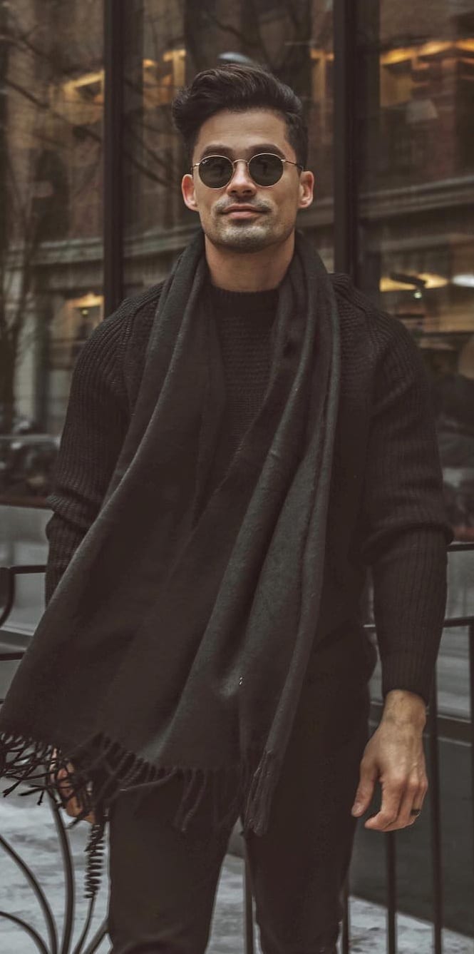 Black Scarf,Sweater and Trouser Outfit for men's Street Style