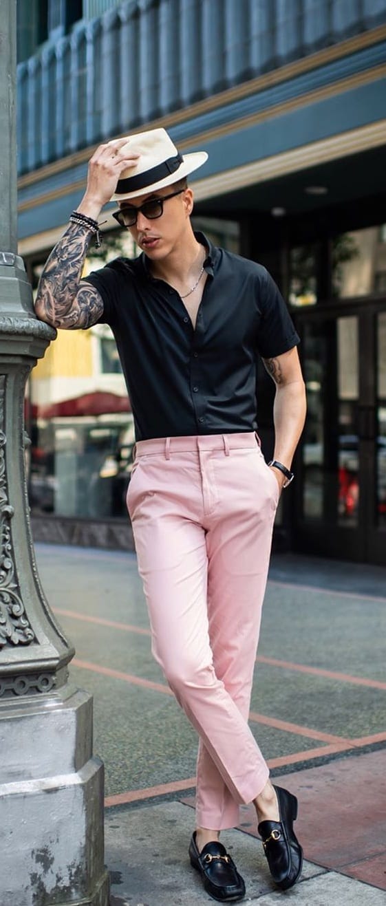 Black Shirt and Pastel Pink Chinos Outfit for men