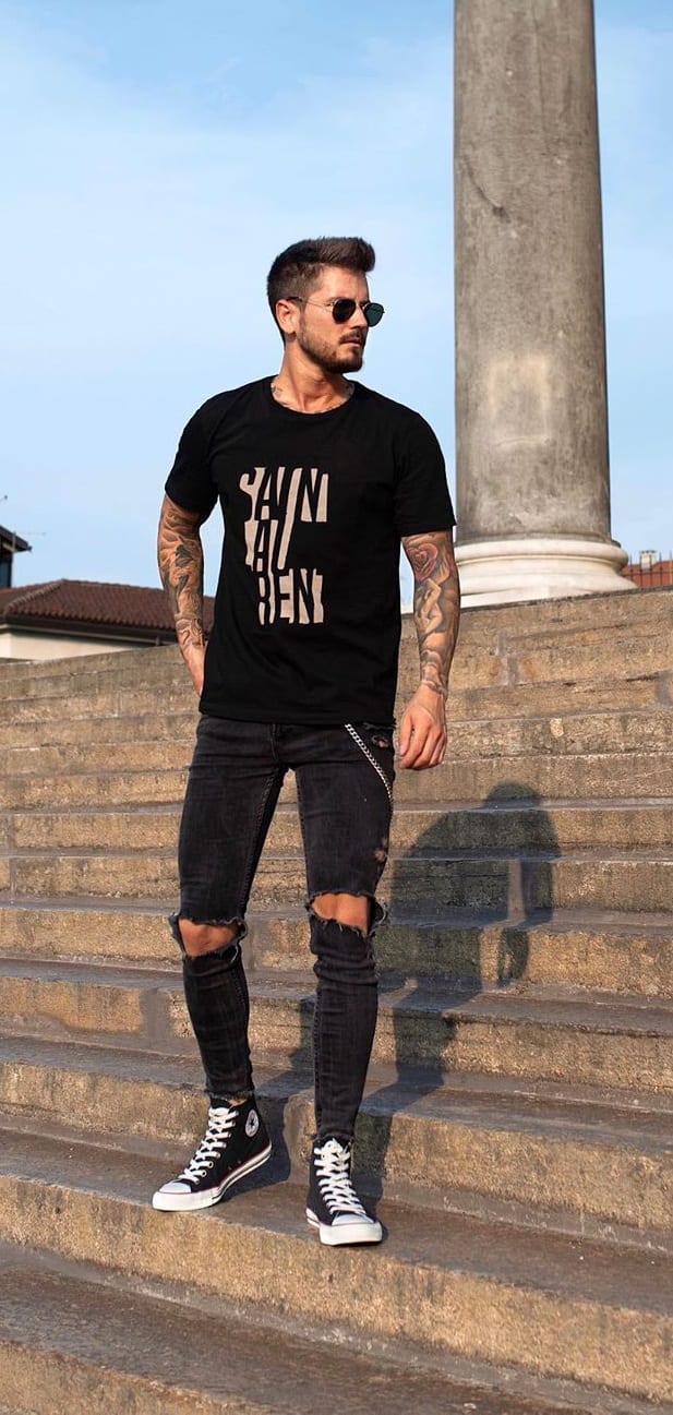 Black T shirt, Black Ripped Denims, Black Sneakers and Black Sunglasses-OOTD for men