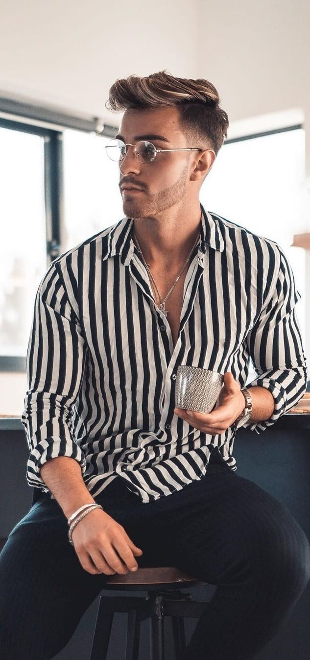 Casual Black and White Striped Shirt Outfits for men
