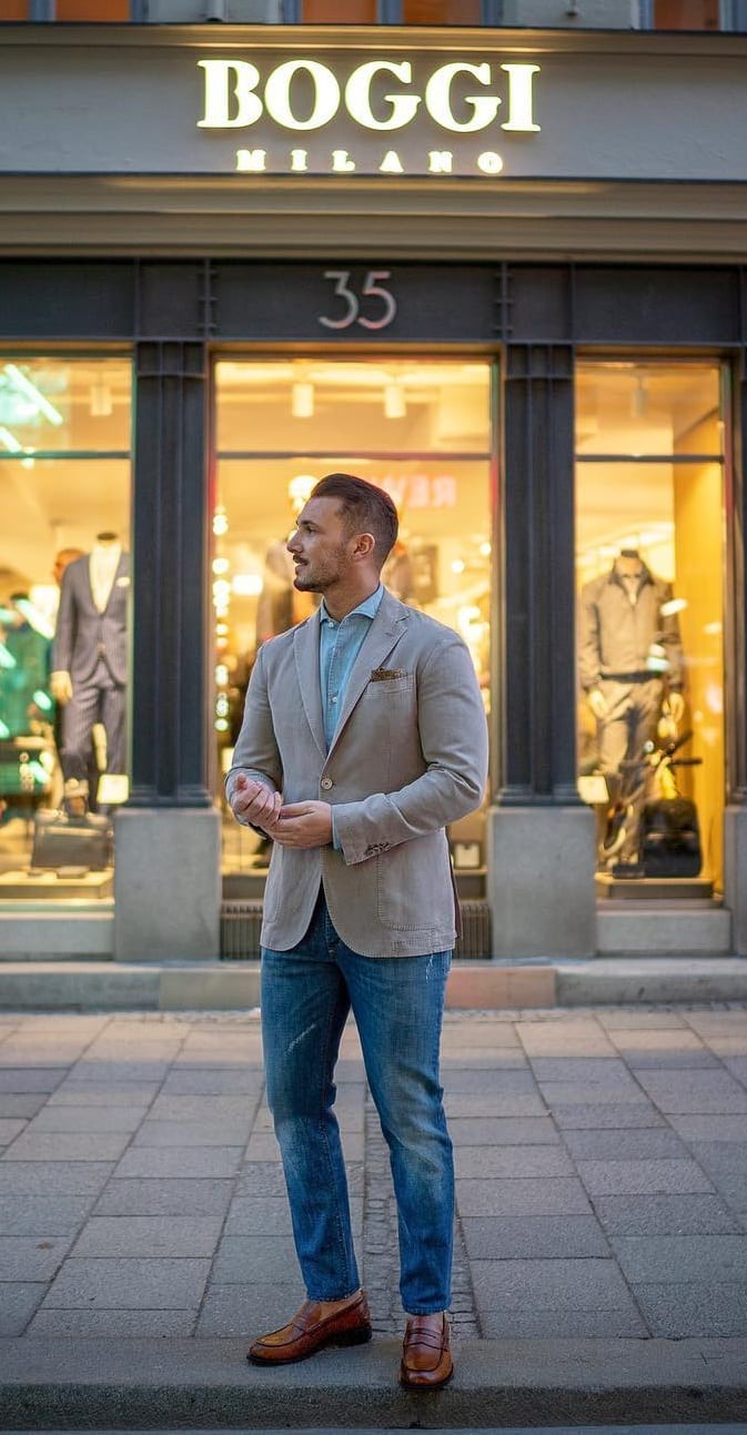 Blazer With Blue Denim Outfit for men