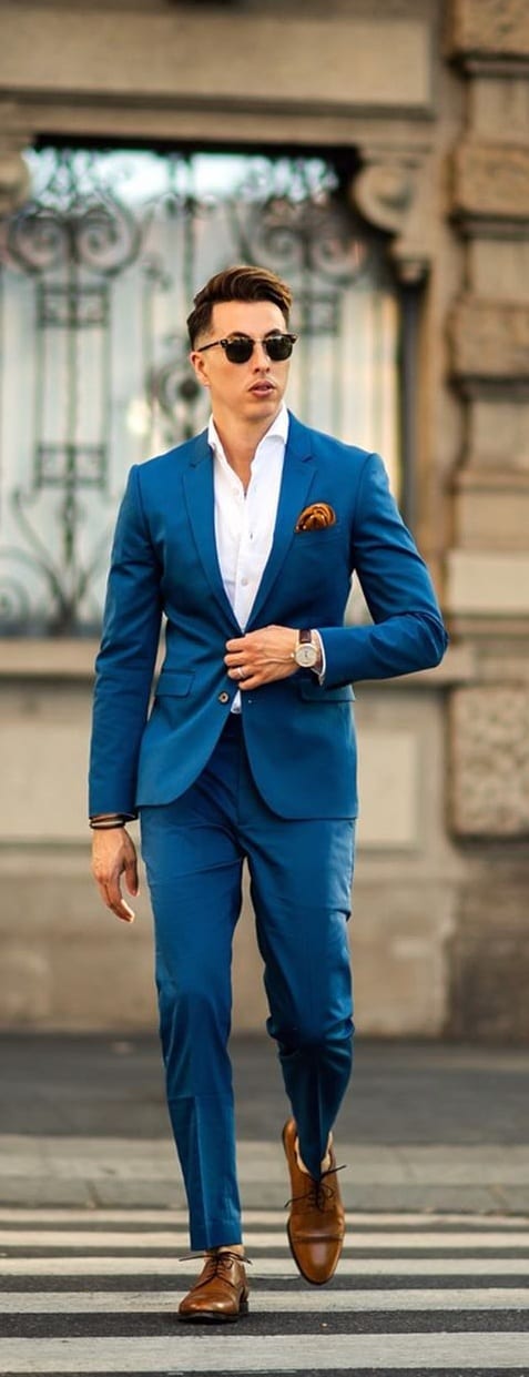 Blue Blazer, White Shirt and Blue Dress pants with a pocket square outfit ideas for men