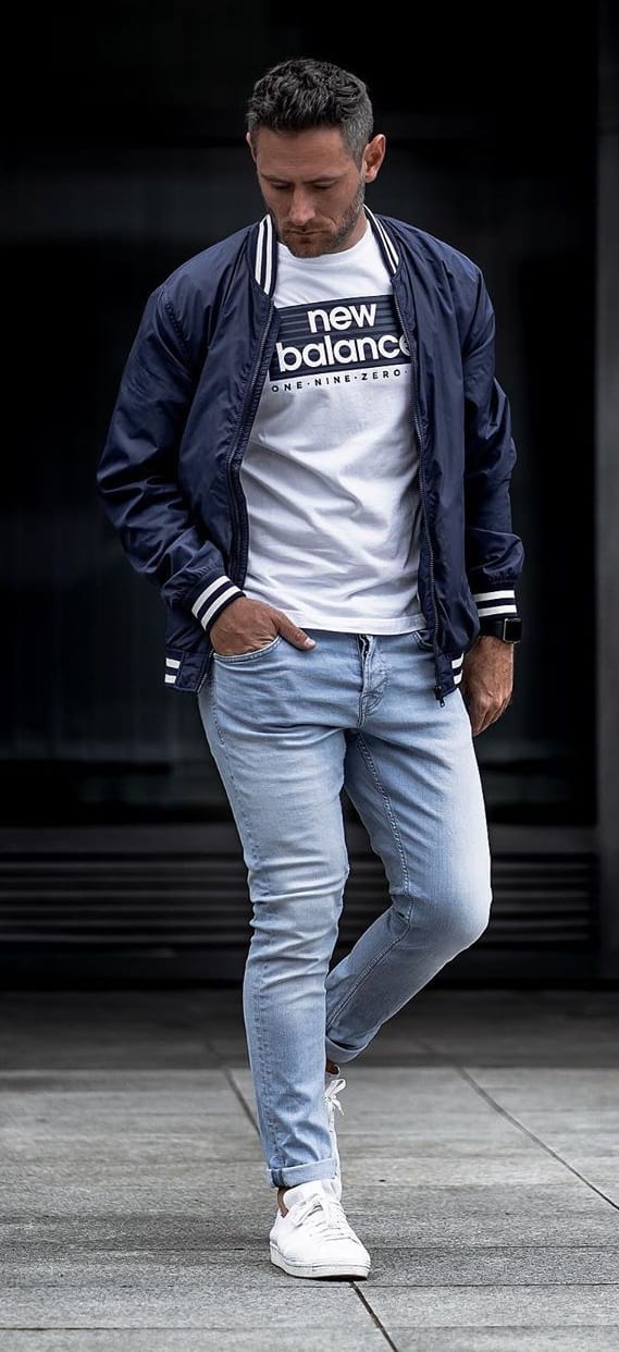 Blue Bomber Jacket, White T-shirt and Blue Jeans- OOTD for men