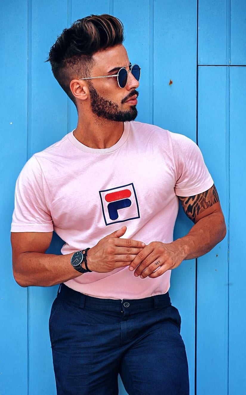 Blue Chinos Pink T shirt Outfit ideas