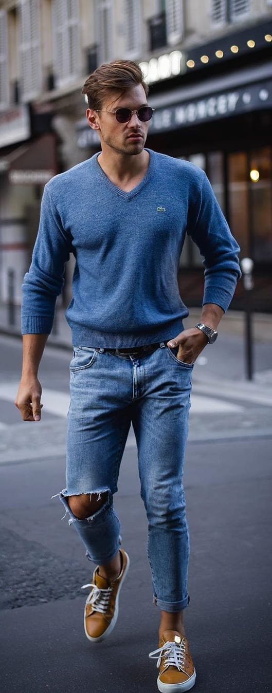 Blue Ripped Denim Jeans and Blue Sweater Casual Outfit for men