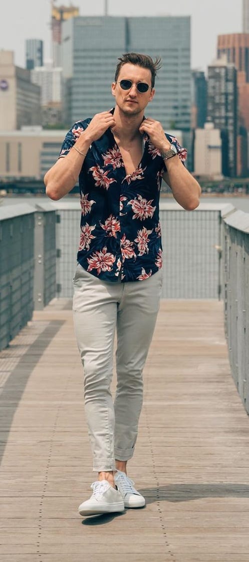 Casual Blue Floral Shirt Outfit for men