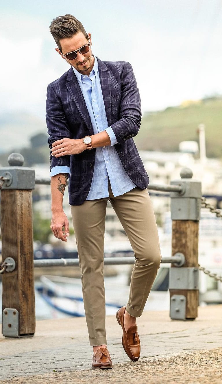 Blue Jacket,Light Blue Shirt,Chinos and Sunglasses for men