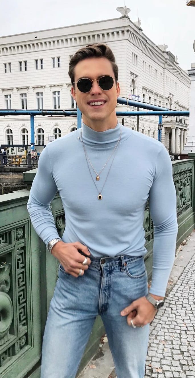 Blue Jeans and Pastel Blue Turtleneck Outfit