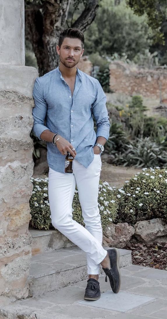 Blue Linen Shirt and White Pant Outfit for a Casual Look