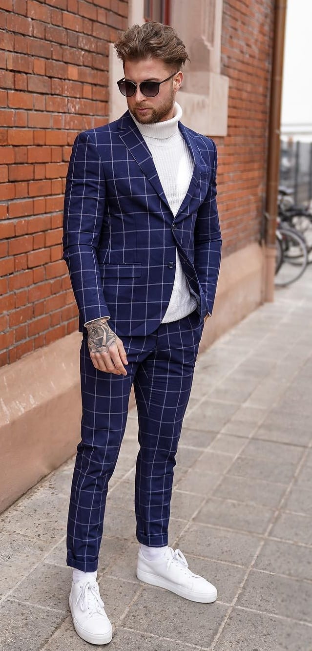 Blue Plaid Suit with White Turtleneck and Sneakers Outfit