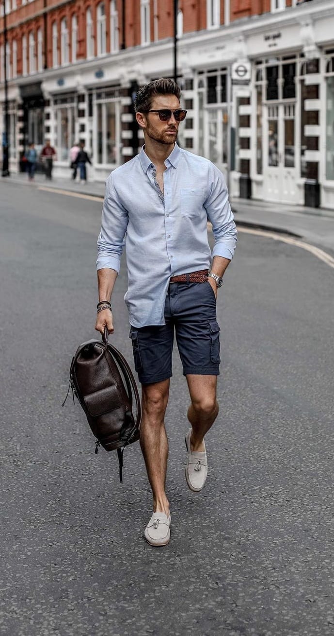 Blue Shorts and Pastel Blue Lenin Shirt Outfit