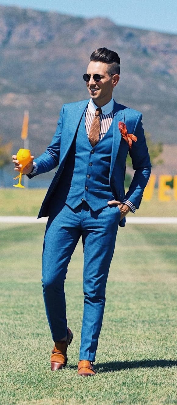 Blue Waistcoat, Blue Blazer and Blue Dress Pants with tie and pocket square