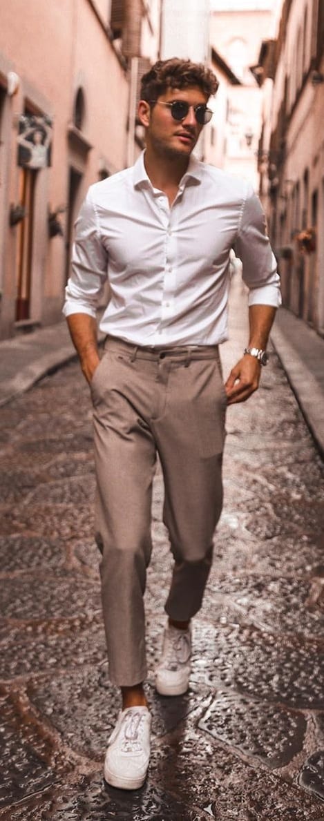 Classic White Shirt Khaki Pant Outfit with Sneakers