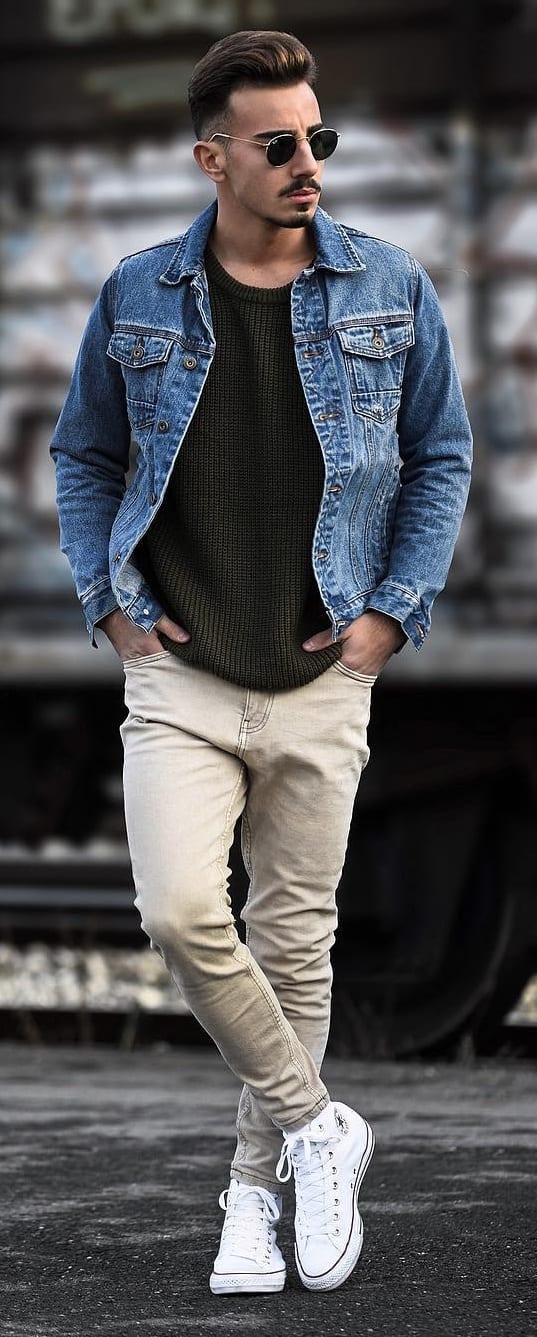 Denim Jacket, Black T-shirt and Chinos Outfit for men