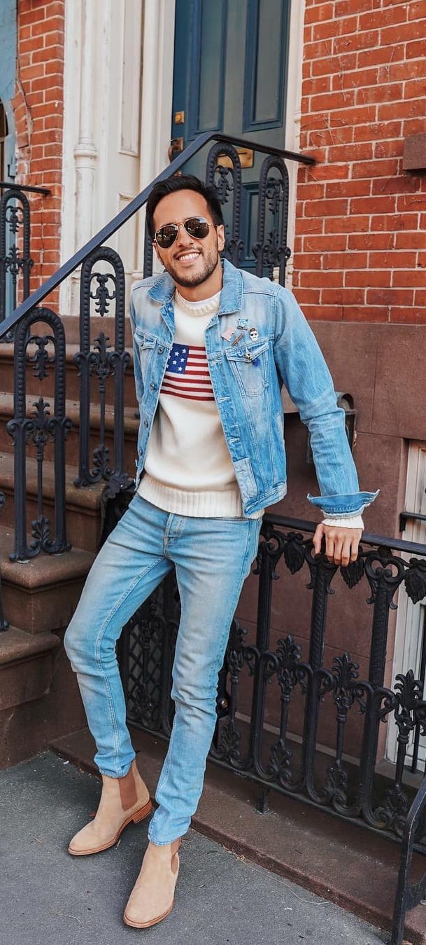 Denim Jacket, Denim Jeans and Sweatshirt Outfit For Men's Street Style