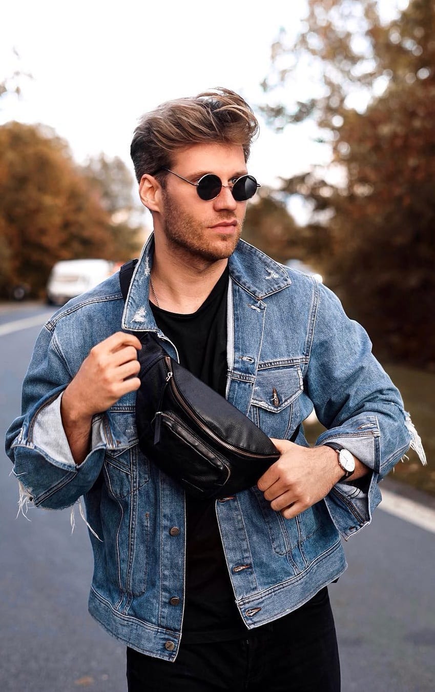 Denim Jacket Outfit with a Fanny Pack For Men's Street style