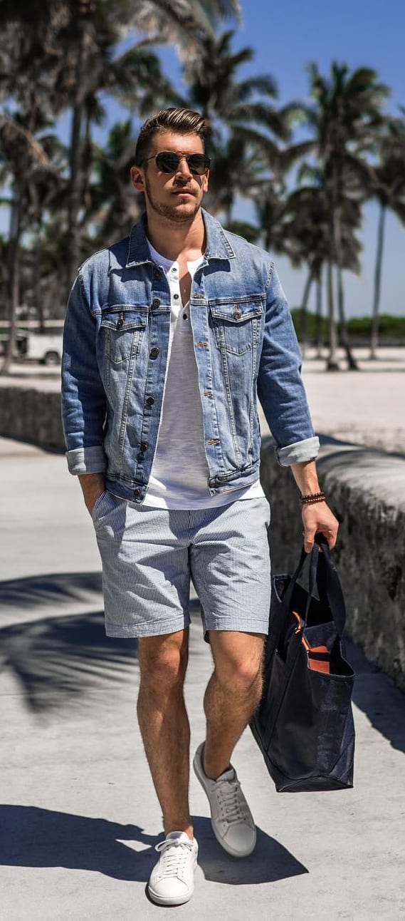 Denim Jacket with Cotton Shorts and White Undershirt Outfit for men