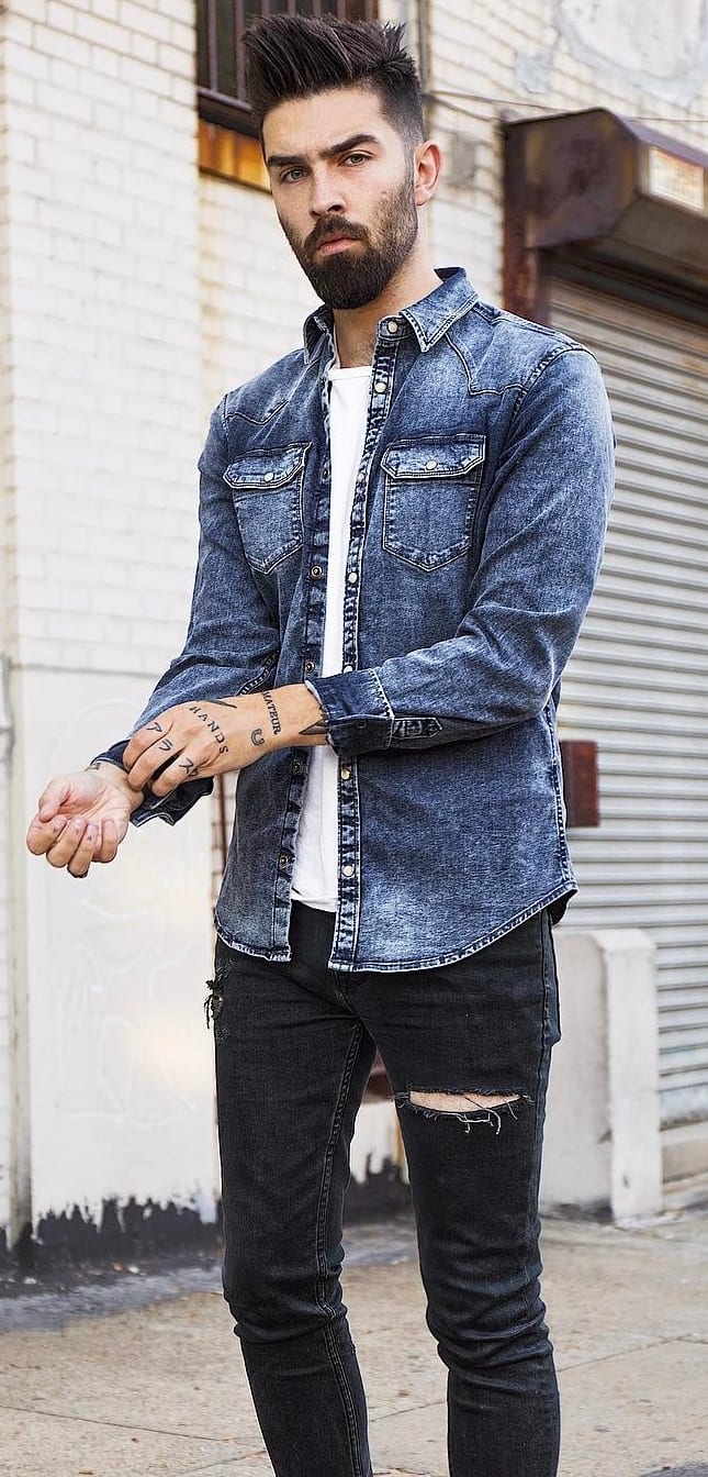 Denim Shirt and White undershirt Outfit