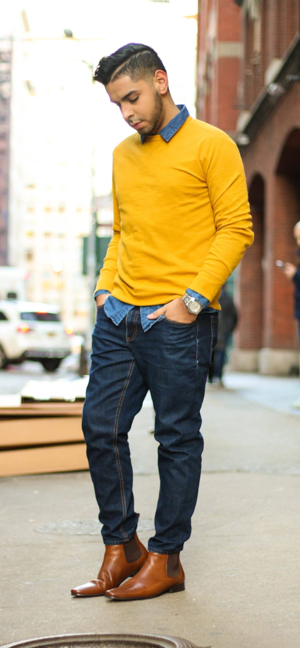 Denim Undershirt, Mustard Yellow Sweater and Denim Jeans outfit