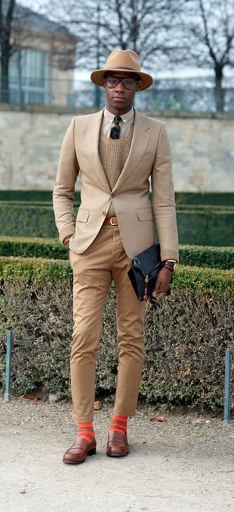 Faux Suit Style For Men with Beige Blazer,Fedora and Tie