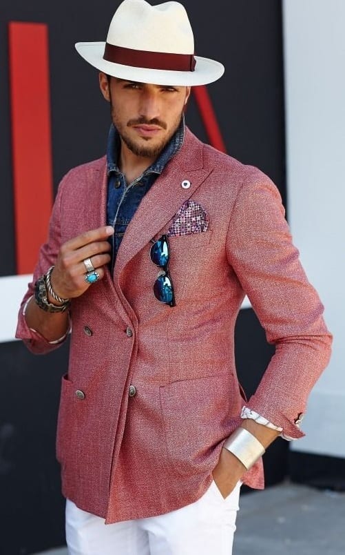 Faux Suit Style-Salmon Pink Blazer,Pocket Square and Fedora