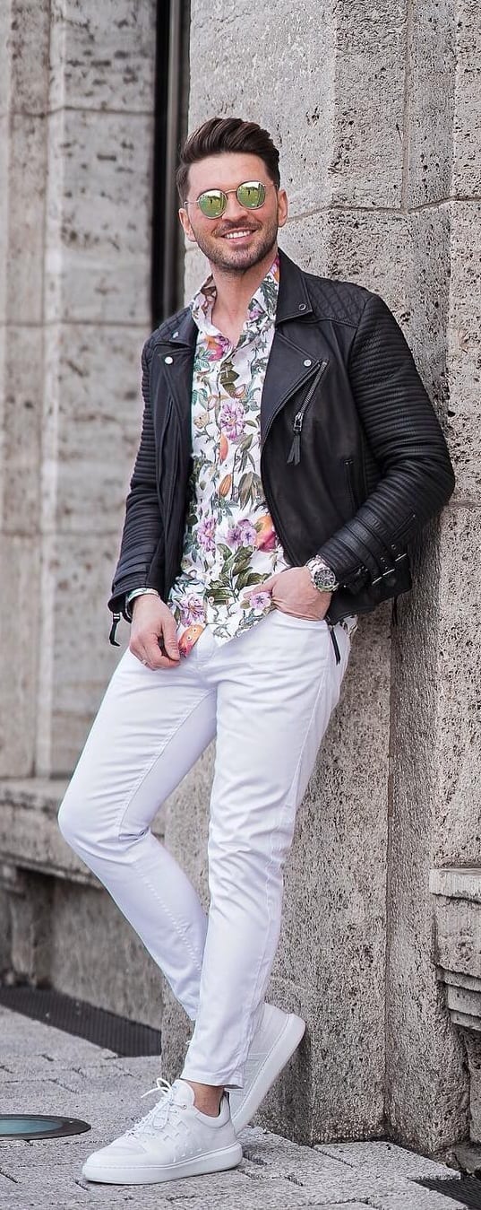 Floral Print Undershirt with Jacket Outfit for Mens Street Style