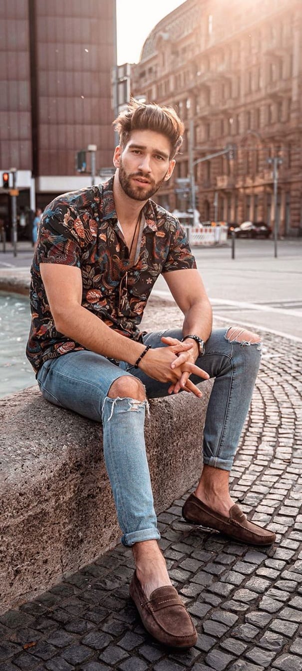 Floral Shirt and Ripped Denim Jeans- OOTD for men