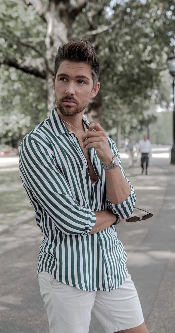 Green and White Vertical Striped Shirt Outfit